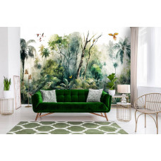 Eine Fototapete mit tropischen Dschungelpflanzen und Bäumen in botanischer Waldstil für das Wohnzimmer, die das Interieur erfrischt.