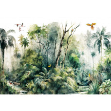 Fototapete mit einer Symphonie aus tropischen Dschungelpflanzen und Bäumen, mit einer waldreichen Kulisse.