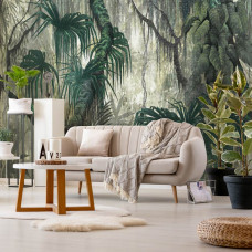 Eine Fototapete mit Dschungelzweigen und Blättern im Malstil, botanische Pflanzen für ein lebendiges Wohnzimmer.