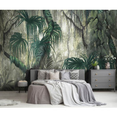 Eine Fototapete mit Dschungelzweigen und Blättern im Malstil, botanische Pflanzen in einem ruhigen Schlafzimmer.