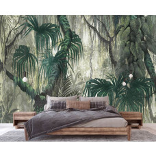 Eine Fototapete mit Dschungelzweigen und Blättern im Malstil, botanische Pflanzen in einem Wohnzimmer und Schlafzimmer mit tropischem Flair.