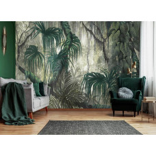 Eine Fototapete mit Dschungelzweigen und Blättern im Malstil, botanische Pflanzen in einem modernen Wohnzimmer.