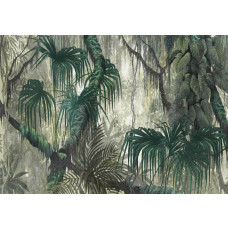 Fototapete mit botanischem Dschungel und gemalten Zweigen und Blättern im tropischen Pflanzenstil.