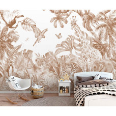 Eine dekorative Fototapete mit Dschungeltieren in Terrakotta-Tönen, ideal für ein Kinderzimmer.