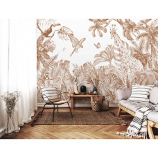 Eine Fototapete mit Terrakotta-Tieren in einem Dschungelthema, geeignet für ein Wohnzimmer.