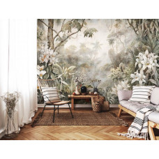 Eine Fototapete von Dschungel in der Wildnis mit Pflanzen, Blättern und Dschungel im Regenwald-Stil für das Wohnzimmer.