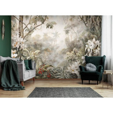 Eine Fototapete von Dschungel in der Wildnis mit Pflanzen, Blättern und Dschungel im Regenwald-Stil für Schlafzimmer und Wohnzimmer.