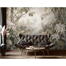 Eine Fototapete von Dschungel in der Wildnis mit Pflanzen, Blättern und Dschungel im Regenwald-Stil für das Wohnzimmer.