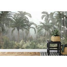 Eine Fototapete mit tropischen Pflanzen und Palmen in einem dichten Dschungel, angezeigt in einem Schlafzimmer.