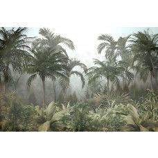 Fototapete mit einem Paradies voller tropischer Pflanzen und Palmen, umgeben von einer ruhigen Dschungelumgebung.