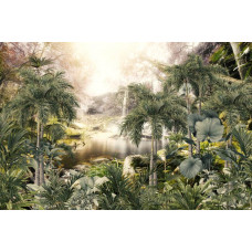 Tropische Fototapete eines Dschungelparadieses mit einem Wasserfall, der durch den Regenwald fließt.