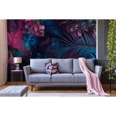 Eine Fototapete mit Dschungelblättern im botanischen Stil, passend für Wohn- und Schlafzimmer.