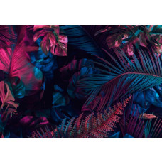 Fototapete mit detailreichen Dschungelblättern im botanischen Stil, dargestellt in satten Grüntönen.