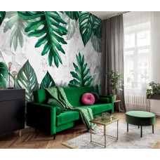 Eine botanische Fototapete mit Blättern auf Beton im Dschungelzimmer-Stil, gesehen im Wohnzimmer.