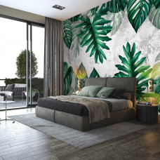 Eine botanische Fototapete mit Blättern auf Beton im Dschungelzimmer-Stil, gesehen im Schlafzimmer.