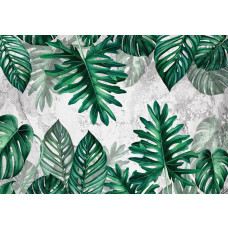 Fototapete mit Dschungelblättern auf einer Betonwand, botanisches Design mit einem industriellen Hintergrund für einen modernen Look.