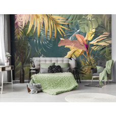 Eine botanische Fototapete mit Dschungelpflanzen und Blättern im Dschungelzimmer-Stil im Schlafzimmer gesehen.