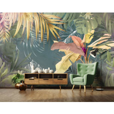 Eine botanische Fototapete mit Dschungelpflanzen und Blättern im Dschungelzimmer-Stil im Wohnzimmer gesehen.