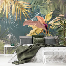 Eine botanische Fototapete mit Dschungelpflanzen und Blättern im Schlafzimmer gesehen.