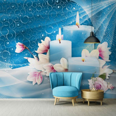 Fototapete mit Kerzen und blauen Blumen für Yoga und Yoga mit Vlies Tapete im Wohnzimmer.