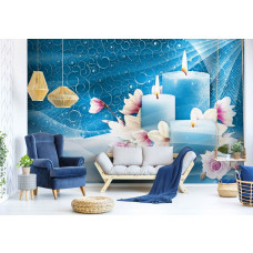 Fototapete mit Kerzen und blauen Blumen für Yoga und Yoga mit Vlies Tapete im Schlafzimmer und Wohnzimmer.
