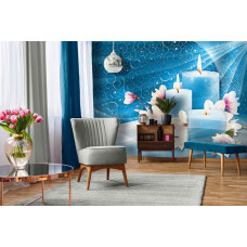 Fototapete mit Kerzen und blauen Blumen für Yoga und Yoga mit Vlies Tapete im Wohnzimmer.