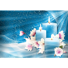 Blaue Kerzen und Blumen in einer Yoga-Spa-Einstellung, detailliert auf Fototapete.