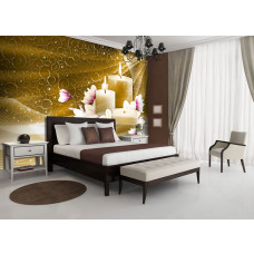 Fototapete mit Kerzen und goldenen Blumen für Yoga und Meditation mit Vliestapete im Schlafzimmer und Wohnzimmer.