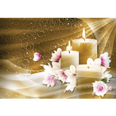 Goldene Kerzen und Blumen in einer Yoga-Spa-Umgebung, dargestellt auf einer luxuriösen Fototapete.