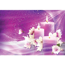 Rosa Kerzen und Blumen in einer Yoga-Spa-Einstellung, gerendert auf Fototapete.