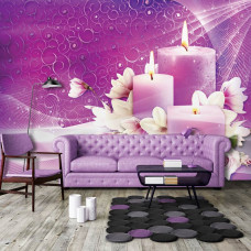 Fototapete mit Kerzen und rosa Blumen für Yoga und Joga mit Vliestapete im Wohnzimmer.