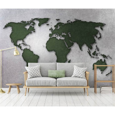 Fototapete mit einer Weltkarte auf grünem Betonhintergrund für das Wohnzimmer.