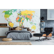 Eine Fototapete mit einer Weltkarte der Erde im Schlafzimmer.