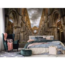 Eine Fototapete mit einer Burg mit gotischen Akzenten und 3D-Effekten, ideal für ein Schlafzimmer.