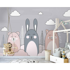 Eine Fototapete von einer Katze, einem Kaninchen und einem Teddybär in einem ruhigen Babyzimmer.