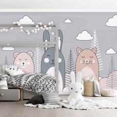 Eine Fototapete von einer Katze, einem Kaninchen und einem Teddybär in einem niedlichen Babyzimmer.