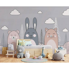 Eine Fototapete von einer Katze, einem Kaninchen und einem Teddybär in einem Kinderzimmer im Kinderzimmer-Stil.