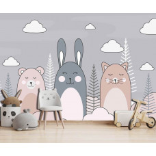 Eine Fototapete von einer Katze, einem Kaninchen und einem Teddybär in einem bunten Kinderzimmer.