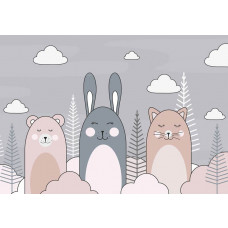 Fototapete von einer Katze, einem Kaninchen und einem Teddybär, dargestellt in einer niedlichen Komposition.