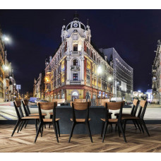 Eine Fototapete mit einer Skyline von Kattowitz, geeignet für die Küche.