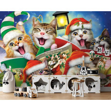 Eine Fototapete mit lustigen Weihnachtskatzen, ideal für ein Kinderzimmer.