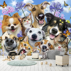 Eine Fototapete mit Katzen und Hunden im lustigen Tierstil.