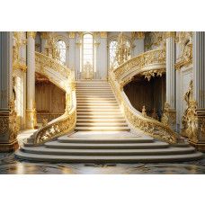 Eine Fototapete von einer kaiserlichen Treppe in einem Palast, mit goldenen Details und einer 3D-Ansicht.
