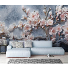 Eine Fototapete mit Kirschblüten auf Zweigen im Sakura-Stil im Wohnzimmer.