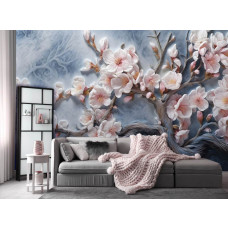 Eine Fototapete mit Kirschblüten auf Zweigen im Sakura-Stil im Wohnzimmer.