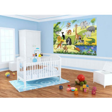 Eine Fototapete von einem Dschungel mit wilden Tieren, ideal für ein Kleinkindzimmer.