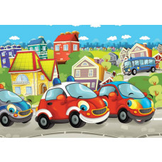 Fototapete mit Feuerwehrautos und Fahrzeugen, bunt und cool für Kinderzimmer.