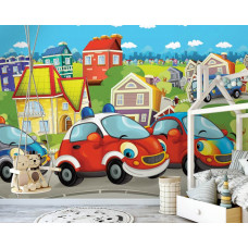 Eine Fototapete mit Autos und Feuerwehrautos in fröhlichen Farben für das Jungenzimmer.