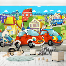 Eine Fototapete mit Autos und Feuerwehrautos in fröhlichen Farben für das Spielzimmer.