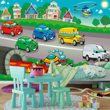 Eine Fototapete mit Autos, Zügen, Bussen und Hubschraubern für das Baby- und Spielzimmer.